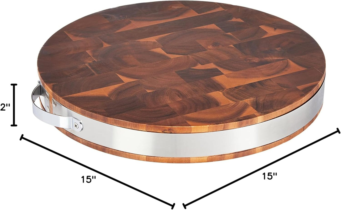 Brown Extra Thick Acacia Hardwood End Grain Round Cutting Board wIith Stainless Steel Band | Butcher Block | Wood Chopping Board | Carving Board | Cahrcuterie Board - 15" (Round) x 2"