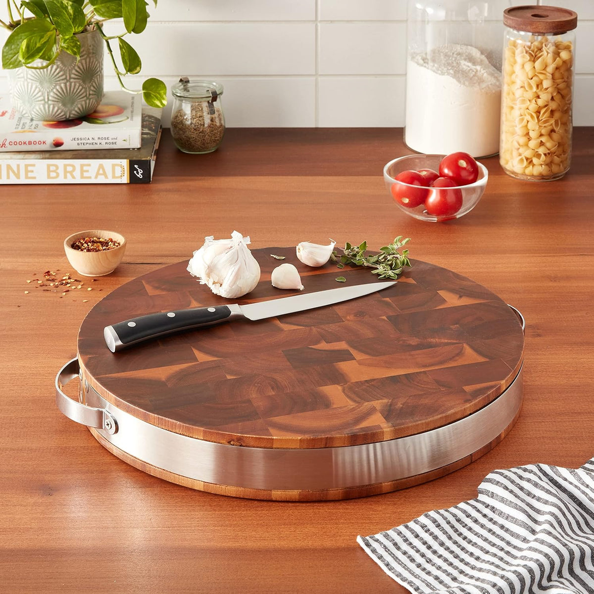 Brown Extra Thick Acacia Hardwood End Grain Round Cutting Board wIith Stainless Steel Band | Butcher Block | Wood Chopping Board | Carving Board | Cahrcuterie Board - 15" (Round) x 2"