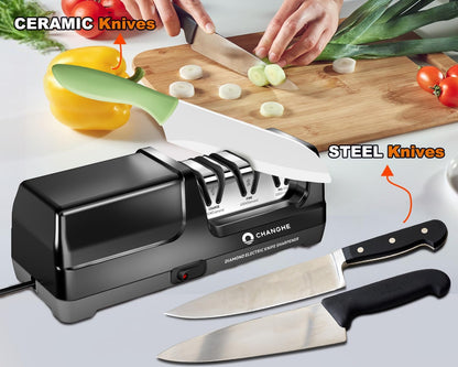 Electric Knife Sharpener 3 Stage - 100% Diamond Abrasives with 15°Precision Angle Guide, for Sharpening and Polishing Steel Kitchen Knives and Ceramic Knives,240 Grit and 600 Grit and 1000 Grit