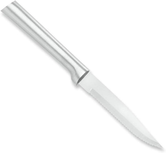 Serrated Steak Knife (R105), Silver Handle | 3.88" Stainless Steel Serrated Blade, Silver Cast Aluminum Handle