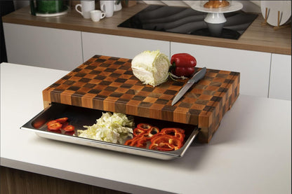 Premium End Grain Wood Cutting Board with Stainless Steel Drawer – Heavy-Duty Butcher Block for Chopping, Serving & Storage – Checkered Design
