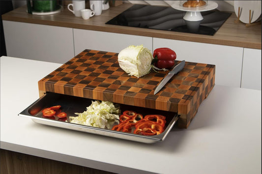 Premium End Grain Wood Cutting Board with Stainless Steel Drawer – Heavy-Duty Butcher Block for Chopping, Serving & Storage – Checkered Design