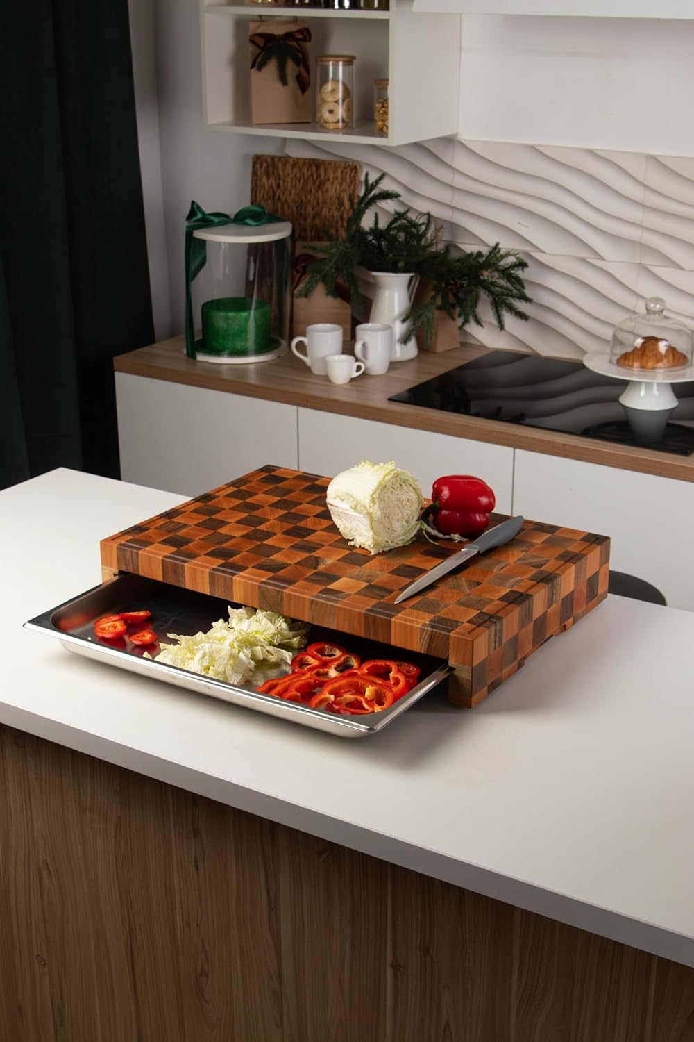 Premium End Grain Wood Cutting Board with Stainless Steel Drawer – Heavy-Duty Butcher Block for Chopping, Serving & Storage – Checkered Design
