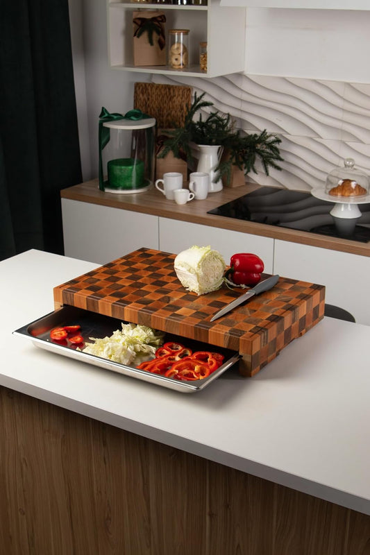 Premium End Grain Wood Cutting Board with Stainless Steel Drawer – Heavy-Duty Butcher Block for Chopping, Serving & Storage – Checkered Design
