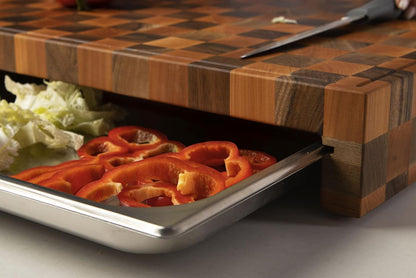 Premium End Grain Wood Cutting Board with Stainless Steel Drawer – Heavy-Duty Butcher Block for Chopping, Serving & Storage – Checkered Design