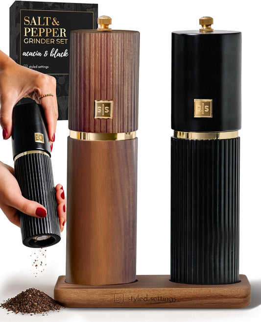 Wooden Salt and Pepper Grinder Set – Refillable Manual Salt and Pepper Mills with Adjustable Ceramic Burrs, Gold Detailing, and Wood Stand – Black and Dark Wood