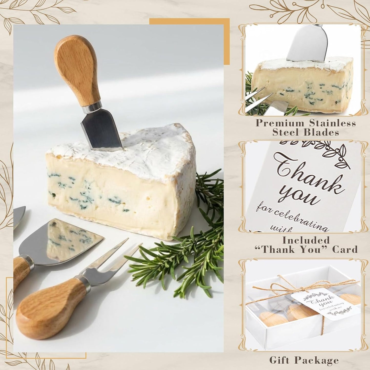6 Pack Stainless Steel Cheese Knife Set, Baby Shower Game Gifts for Winners, Cheese Knife Gift Set with Thank You Card and Gift Box for Wedding Guests Favors Baby Shower Housewarming Party