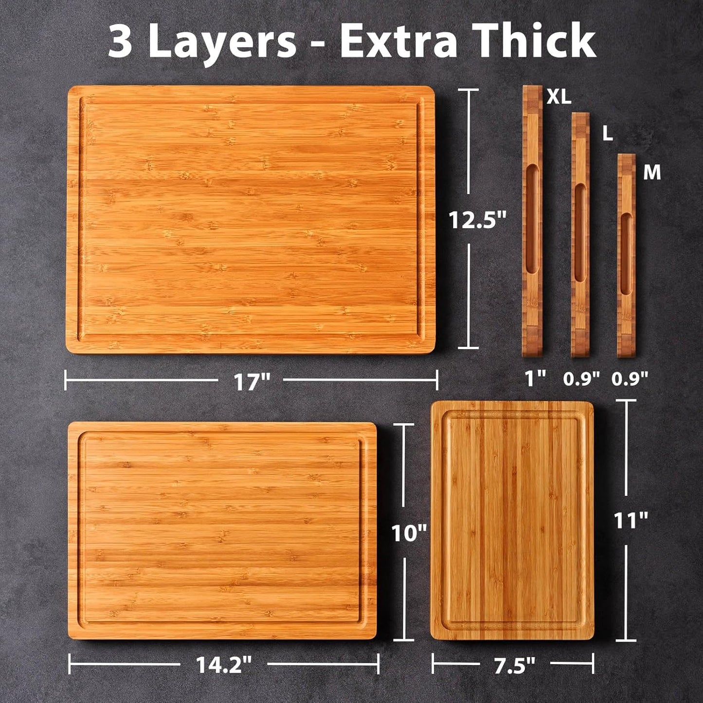 Bamboo Wood Cutting Board for Kitchen, 1" Thick Butcher Block, Cheese Charcuterie Board, with Side Handles and Juice Grooves, 16x11"