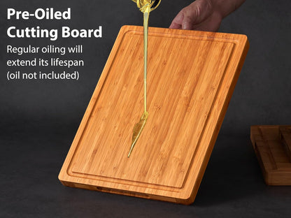 Bamboo Wood Cutting Board for Kitchen, 1" Thick Butcher Block, Cheese Charcuterie Board, with Side Handles and Juice Grooves, 16x11"