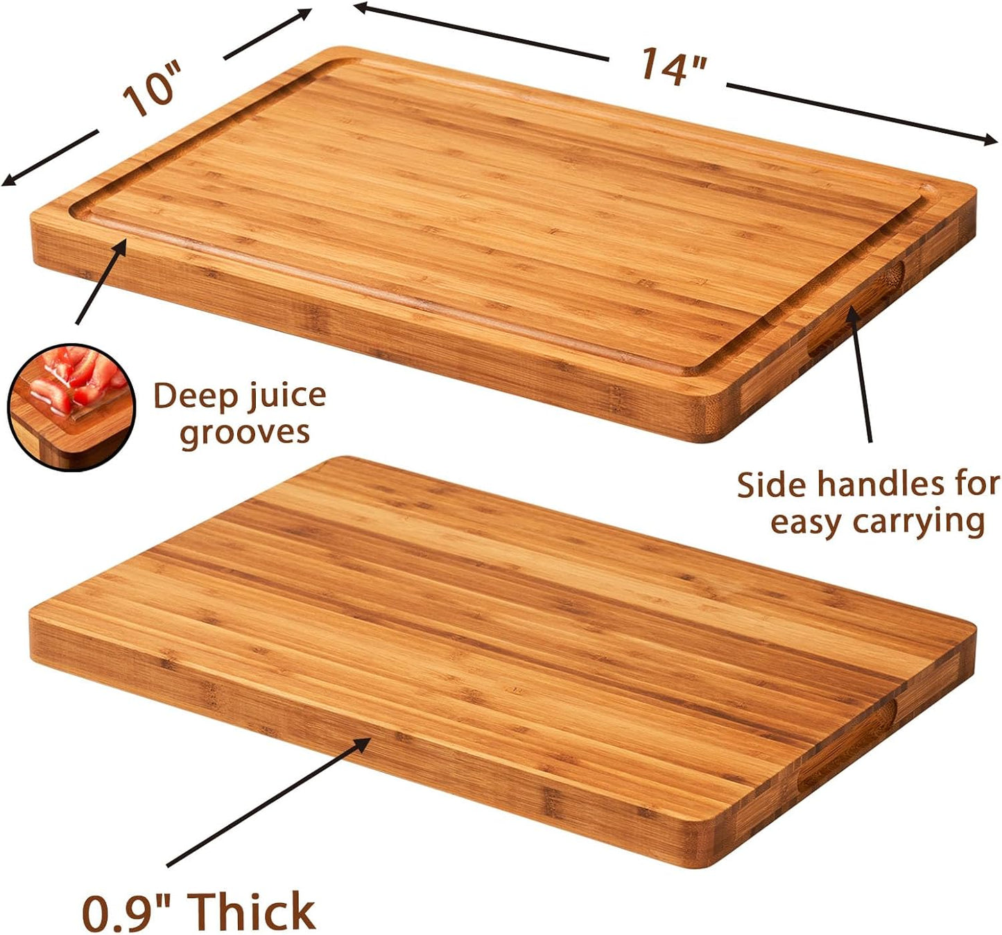 Bamboo Wood Cutting Board for Kitchen, 1" Thick Butcher Block, Cheese Charcuterie Board, with Side Handles and Juice Grooves, 16x11"