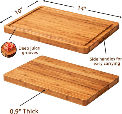 Bamboo Wood Cutting Board for Kitchen, 1" Thick Butcher Block, Cheese Charcuterie Board, with Side Handles and Juice Grooves, 16x11"