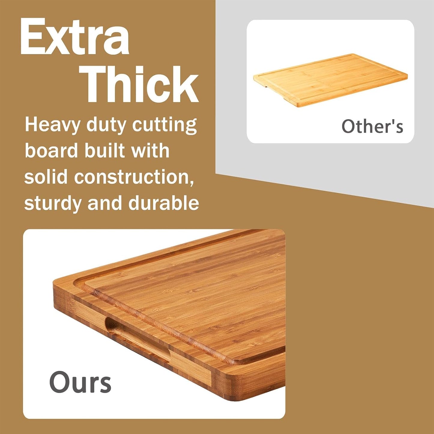 Bamboo Wood Cutting Board for Kitchen, 1" Thick Butcher Block, Cheese Charcuterie Board, with Side Handles and Juice Grooves, 16x11"