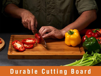 Bamboo Wood Cutting Board for Kitchen, 1" Thick Butcher Block, Cheese Charcuterie Board, with Side Handles and Juice Grooves, 16x11"