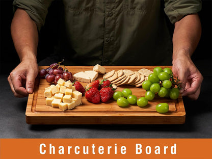 Bamboo Wood Cutting Board for Kitchen, 1" Thick Butcher Block, Cheese Charcuterie Board, with Side Handles and Juice Grooves, 16x11"
