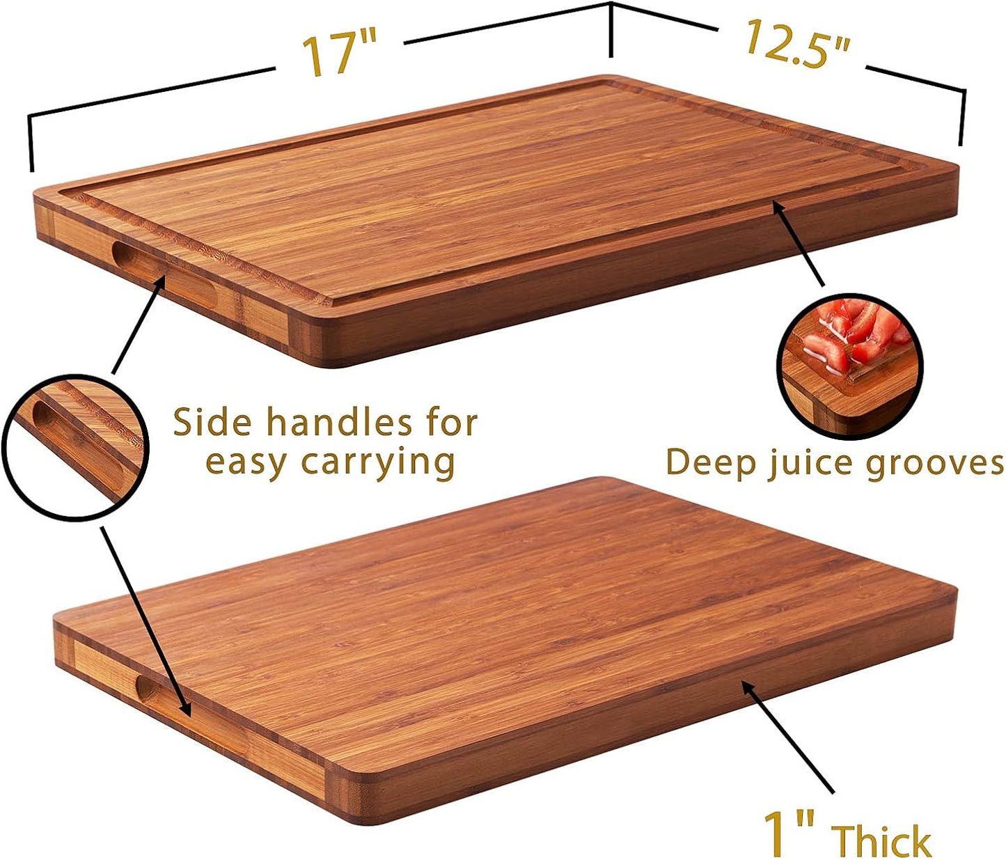 Bamboo Wood Cutting Board for Kitchen, 1" Thick Butcher Block, Cheese Charcuterie Board, with Side Handles and Juice Grooves, 16x11"
