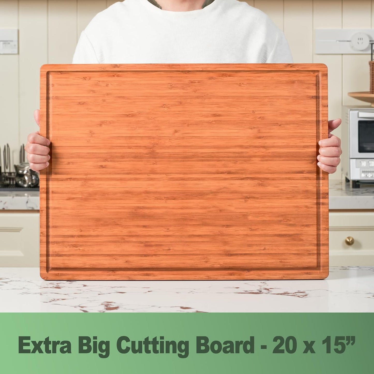 Bamboo Wood Cutting Board for Kitchen, 1" Thick Butcher Block, Cheese Charcuterie Board, with Side Handles and Juice Grooves, 16x11"