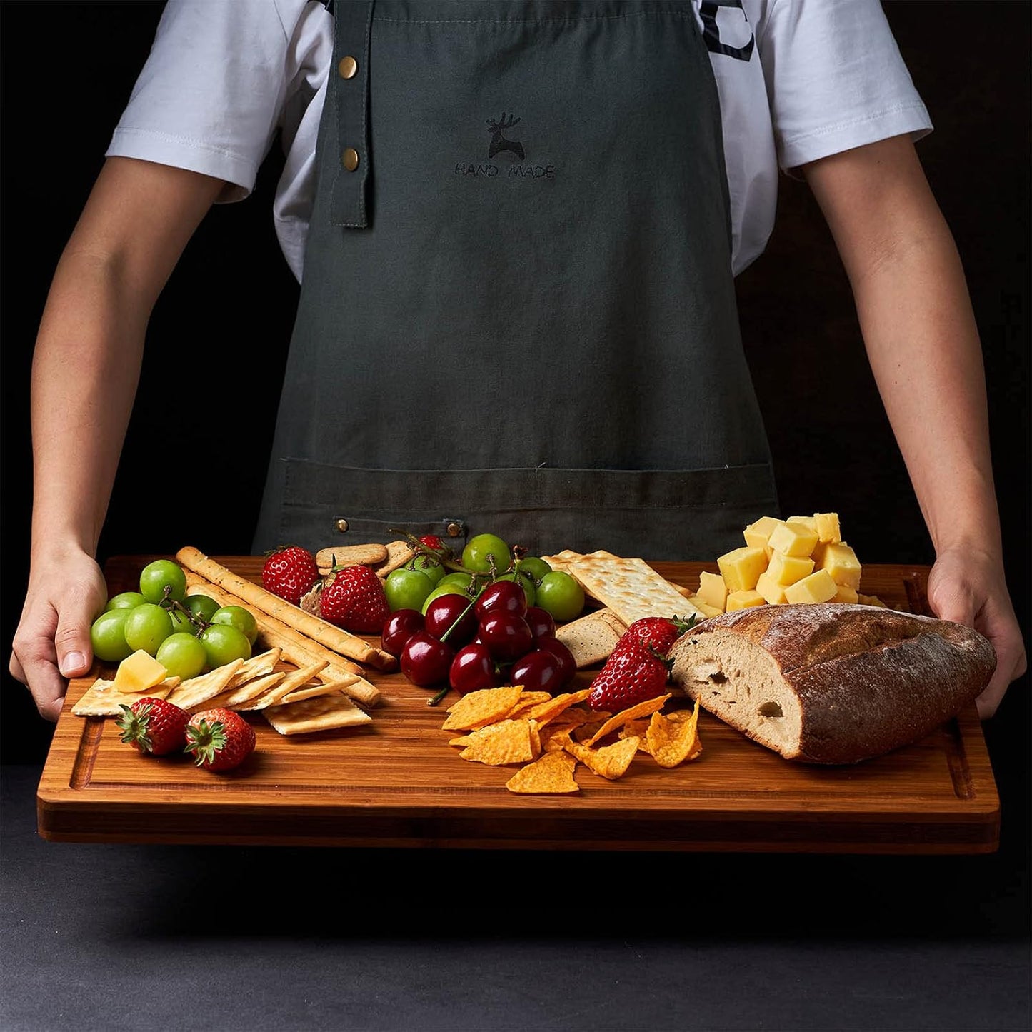 Bamboo Wood Cutting Board for Kitchen, 1" Thick Butcher Block, Cheese Charcuterie Board, with Side Handles and Juice Grooves, 16x11"