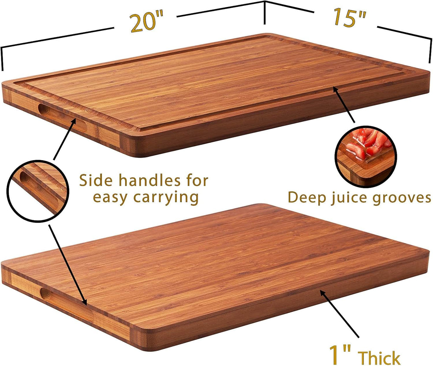 Bamboo Wood Cutting Board for Kitchen, 1" Thick Butcher Block, Cheese Charcuterie Board, with Side Handles and Juice Grooves, 16x11"