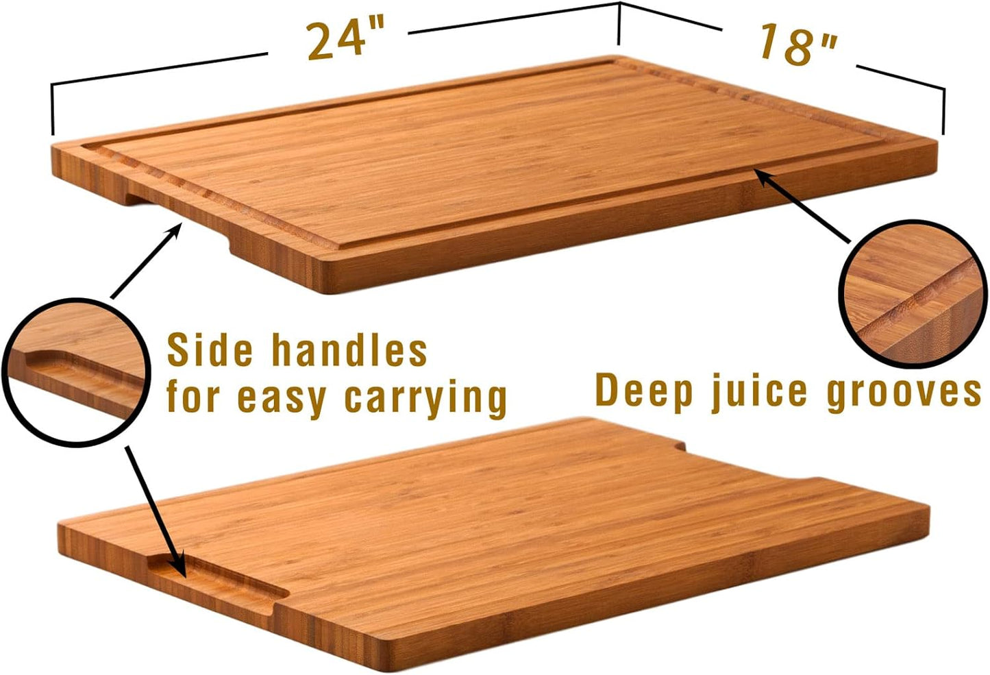 Bamboo Wood Cutting Board for Kitchen, 1" Thick Butcher Block, Cheese Charcuterie Board, with Side Handles and Juice Grooves, 16x11"