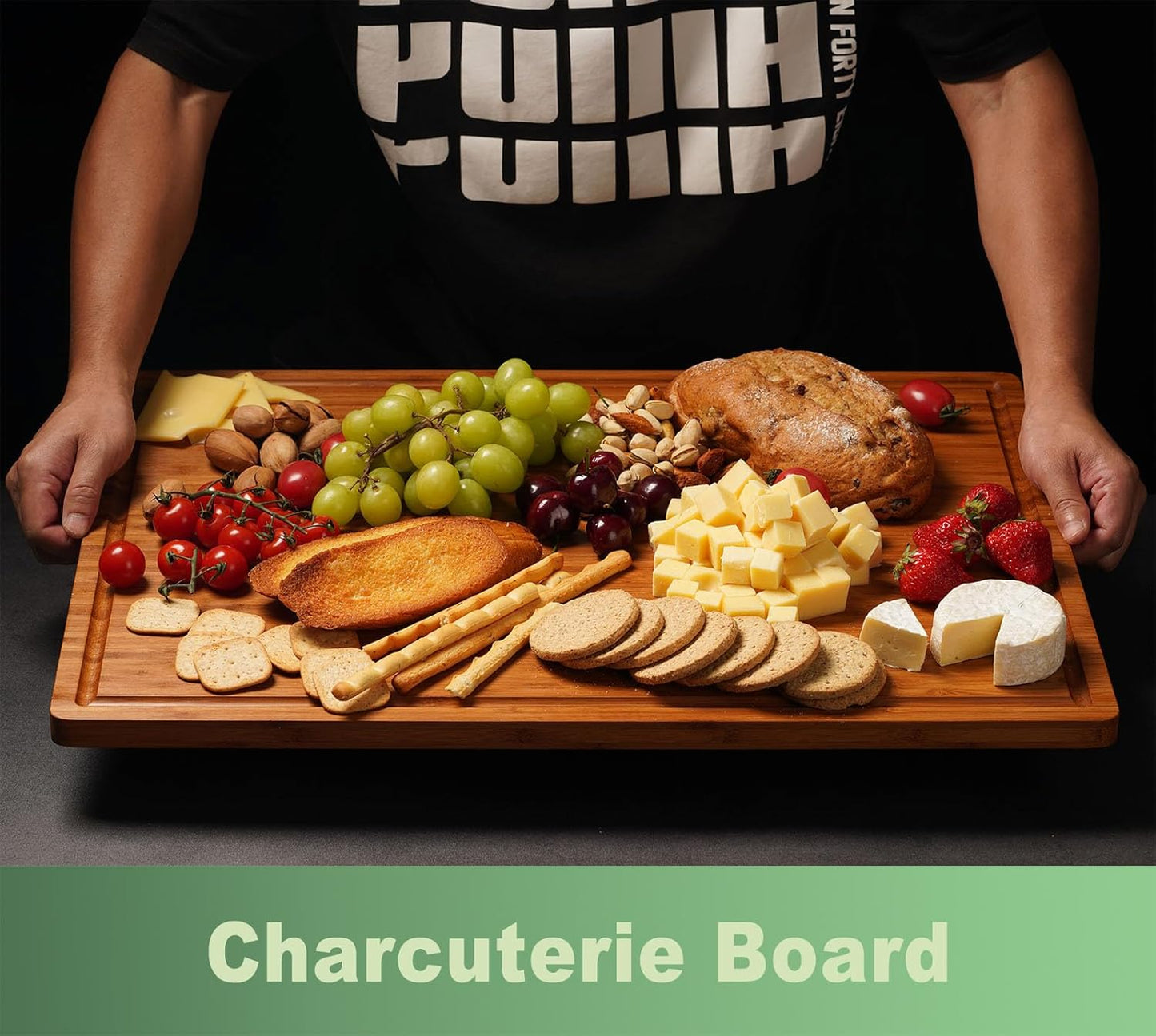 Bamboo Wood Cutting Board for Kitchen, 1" Thick Butcher Block, Cheese Charcuterie Board, with Side Handles and Juice Grooves, 16x11"