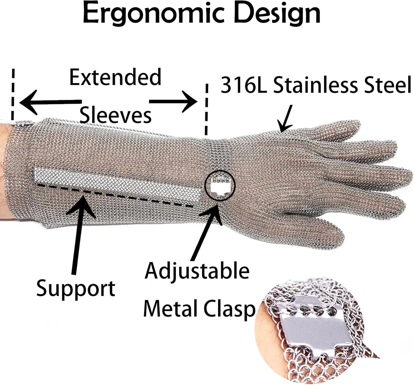 19cm Long Chainmail Glove for Butcher,Cut Resistant Gloves Food Grade,Stainless Steel Gloves