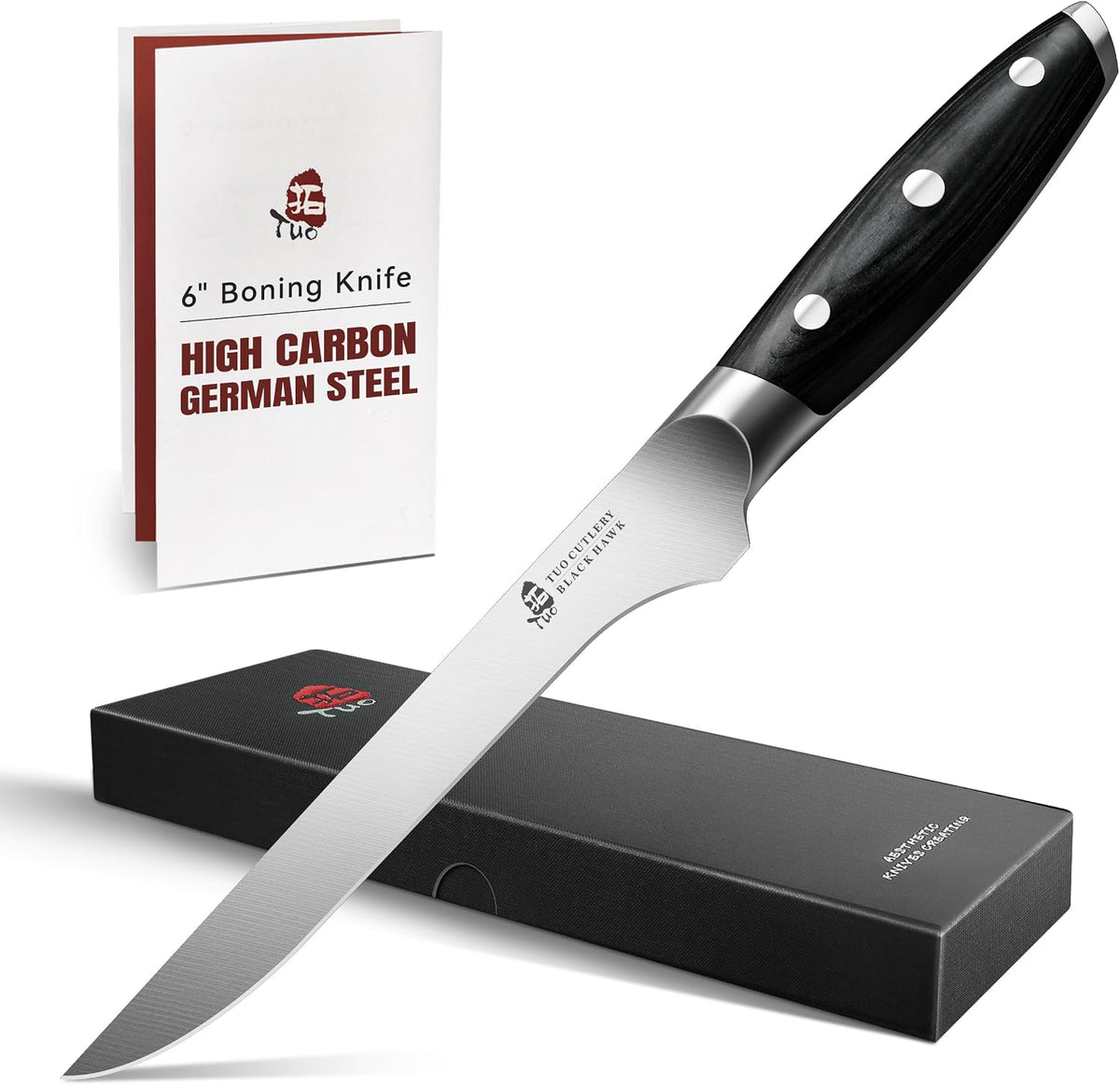 Boning Knife, 6 inch Fillet Knife for Trimming Fat from Meat, Deer Skinning, Full Tang Handle, High Carbon German Steel, for Poultry Lamb Meat Cutting - Black Hawk Series
