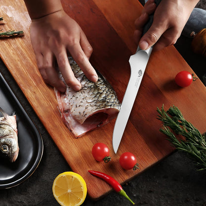 Boning Knife, 6 inch Fillet Knife for Trimming Fat from Meat, Deer Skinning, Full Tang Handle, High Carbon German Steel, for Poultry Lamb Meat Cutting - Black Hawk Series
