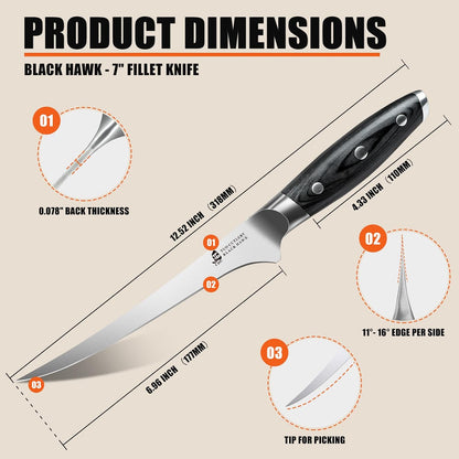 Boning Knife, 6 inch Fillet Knife for Trimming Fat from Meat, Deer Skinning, Full Tang Handle, High Carbon German Steel, for Poultry Lamb Meat Cutting - Black Hawk Series