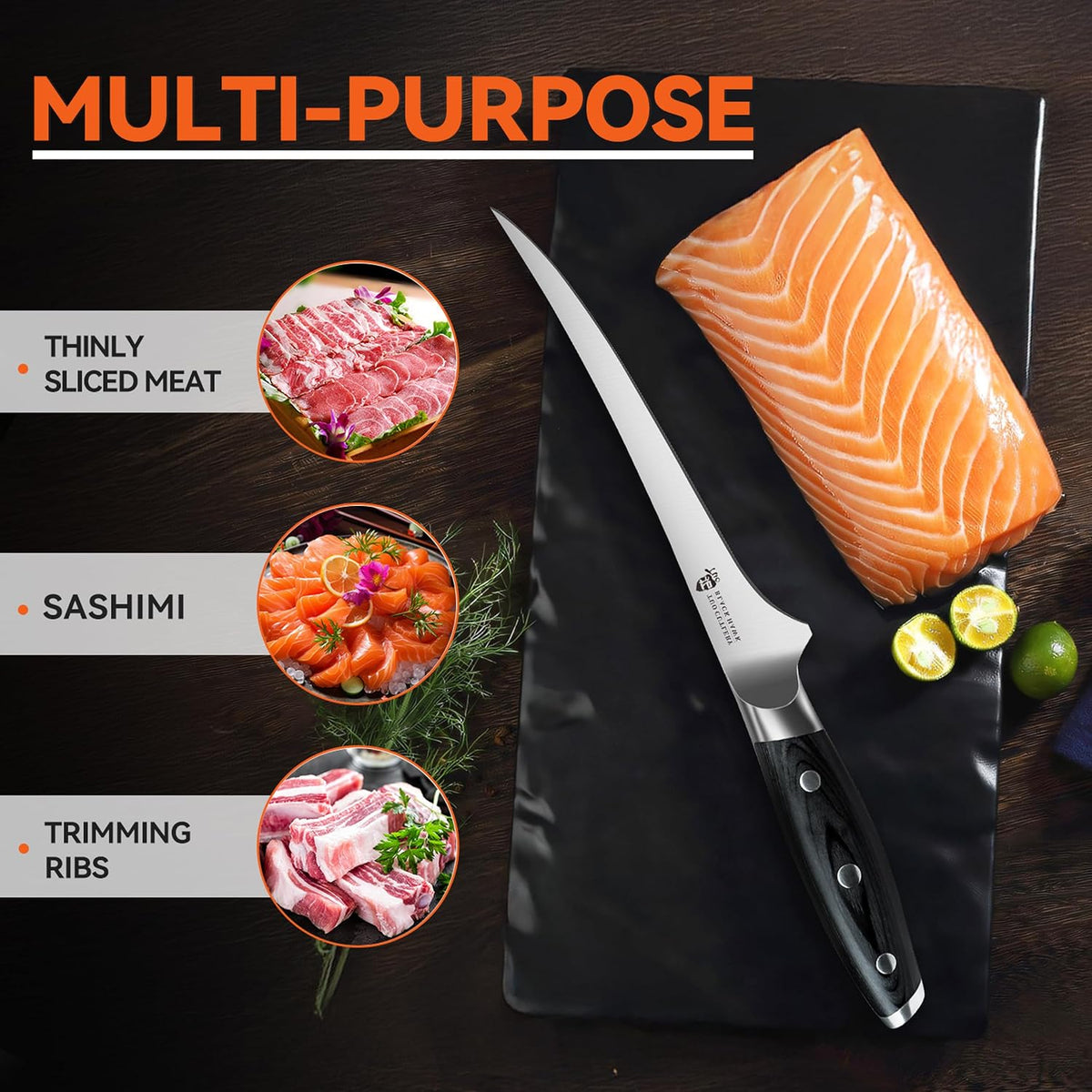Boning Knife, 6 inch Fillet Knife for Trimming Fat from Meat, Deer Skinning, Full Tang Handle, High Carbon German Steel, for Poultry Lamb Meat Cutting - Black Hawk Series