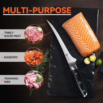 Boning Knife, 6 inch Fillet Knife for Trimming Fat from Meat, Deer Skinning, Full Tang Handle, High Carbon German Steel, for Poultry Lamb Meat Cutting - Black Hawk Series
