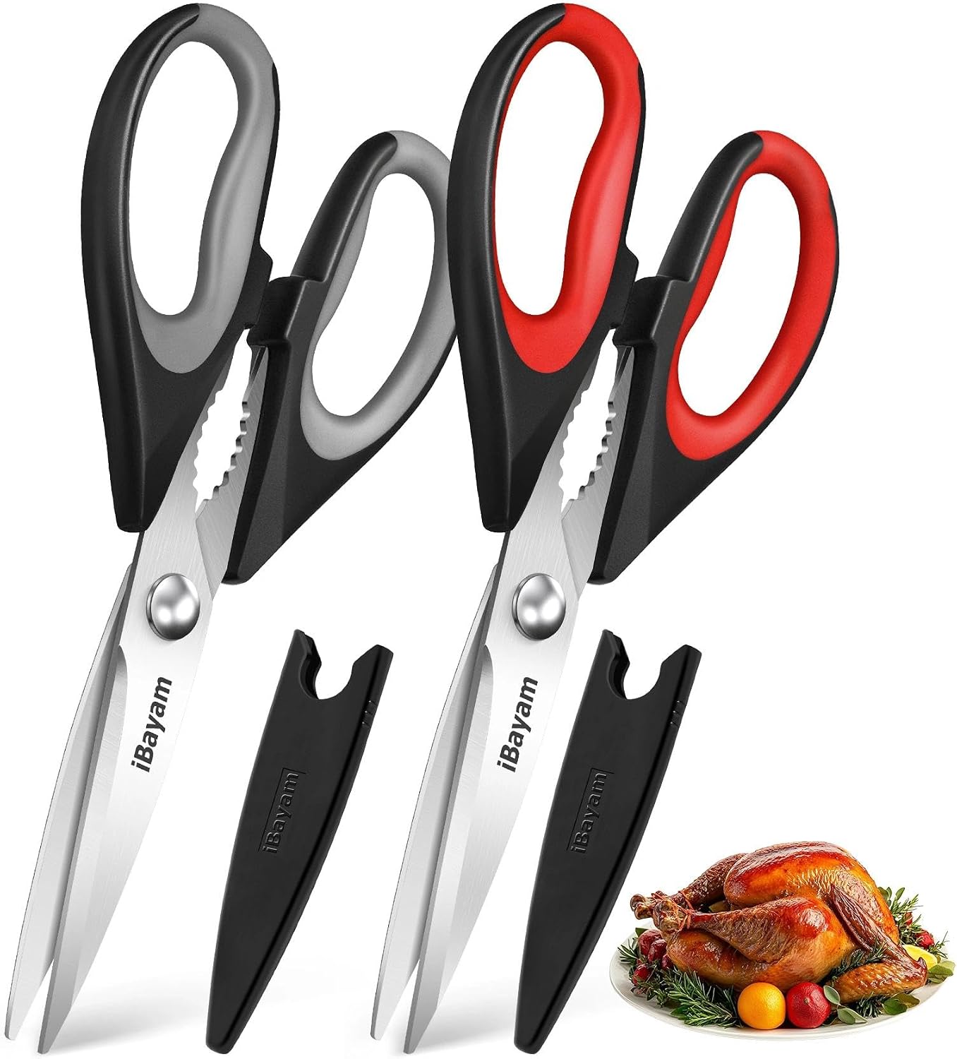 iBayam Kitchen Scissors Shears All Purpose Heavy Duty, Protective Sheath | 2-Pack, Ultra-Sharp Stainless Blades, Soft Comfort-Grip, Dishwasher Safe, Cutting Food Cooking Meat Poultry Kitchen Utensils
