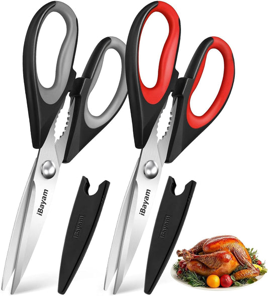 iBayam Kitchen Scissors Shears All Purpose Heavy Duty, Protective Sheath | 2-Pack, Ultra-Sharp Stainless Blades, Soft Comfort-Grip, Dishwasher Safe, Cutting Food Cooking Meat Poultry Kitchen Utensils