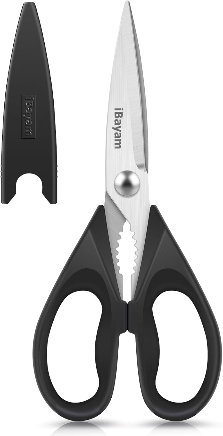 iBayam Kitchen Scissors Shears All Purpose Heavy Duty, Protective Sheath | 2-Pack, Ultra-Sharp Stainless Blades, Soft Comfort-Grip, Dishwasher Safe, Cutting Food Cooking Meat Poultry Kitchen Utensils