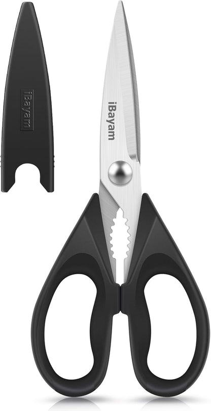 iBayam Kitchen Scissors Shears All Purpose Heavy Duty, Protective Sheath | 2-Pack, Ultra-Sharp Stainless Blades, Soft Comfort-Grip, Dishwasher Safe, Cutting Food Cooking Meat Poultry Kitchen Utensils