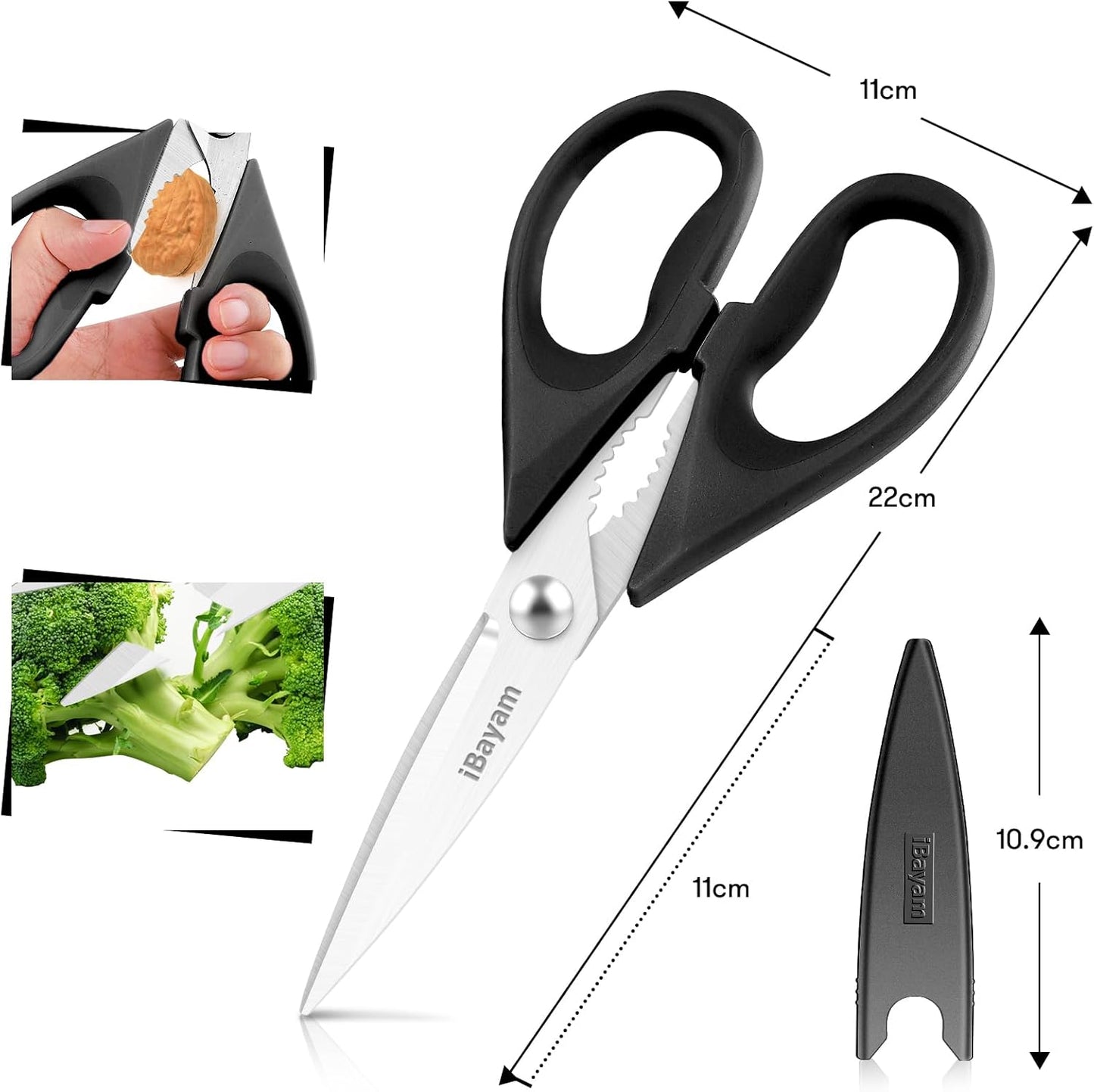 iBayam Kitchen Scissors Shears All Purpose Heavy Duty, Protective Sheath | 2-Pack, Ultra-Sharp Stainless Blades, Soft Comfort-Grip, Dishwasher Safe, Cutting Food Cooking Meat Poultry Kitchen Utensils