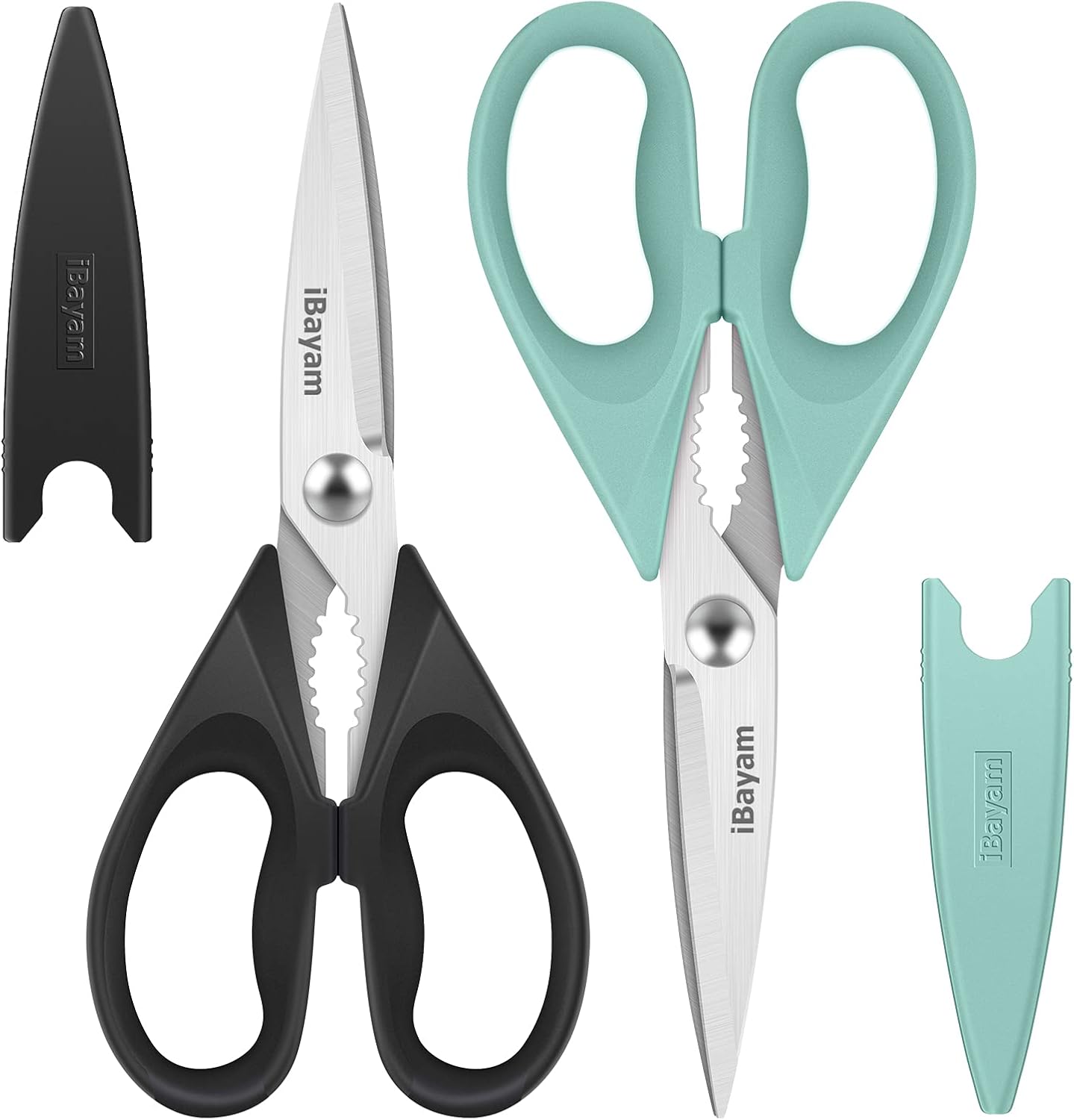 iBayam Kitchen Scissors Shears All Purpose Heavy Duty, Protective Sheath | 2-Pack, Ultra-Sharp Stainless Blades, Soft Comfort-Grip, Dishwasher Safe, Cutting Food Cooking Meat Poultry Kitchen Utensils