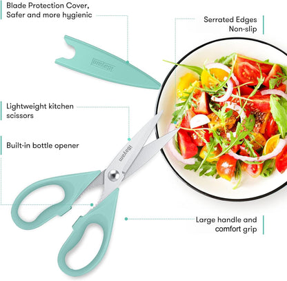 iBayam Kitchen Scissors Shears All Purpose Heavy Duty, Protective Sheath | 2-Pack, Ultra-Sharp Stainless Blades, Soft Comfort-Grip, Dishwasher Safe, Cutting Food Cooking Meat Poultry Kitchen Utensils