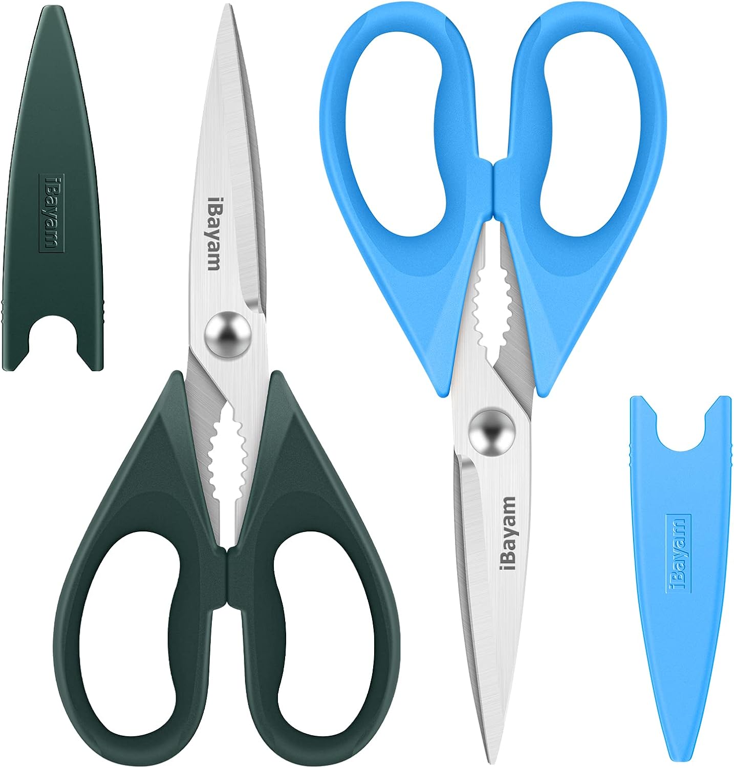 iBayam Kitchen Scissors Shears All Purpose Heavy Duty, Protective Sheath | 2-Pack, Ultra-Sharp Stainless Blades, Soft Comfort-Grip, Dishwasher Safe, Cutting Food Cooking Meat Poultry Kitchen Utensils