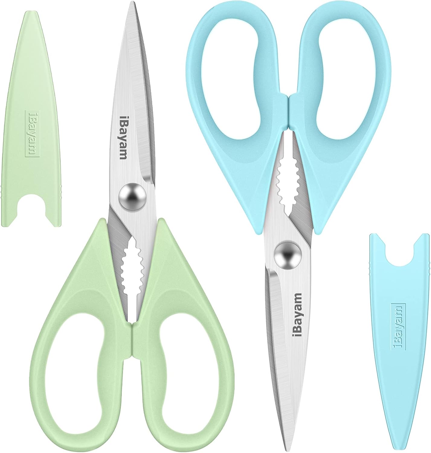 iBayam Kitchen Scissors Shears All Purpose Heavy Duty, Protective Sheath | 2-Pack, Ultra-Sharp Stainless Blades, Soft Comfort-Grip, Dishwasher Safe, Cutting Food Cooking Meat Poultry Kitchen Utensils
