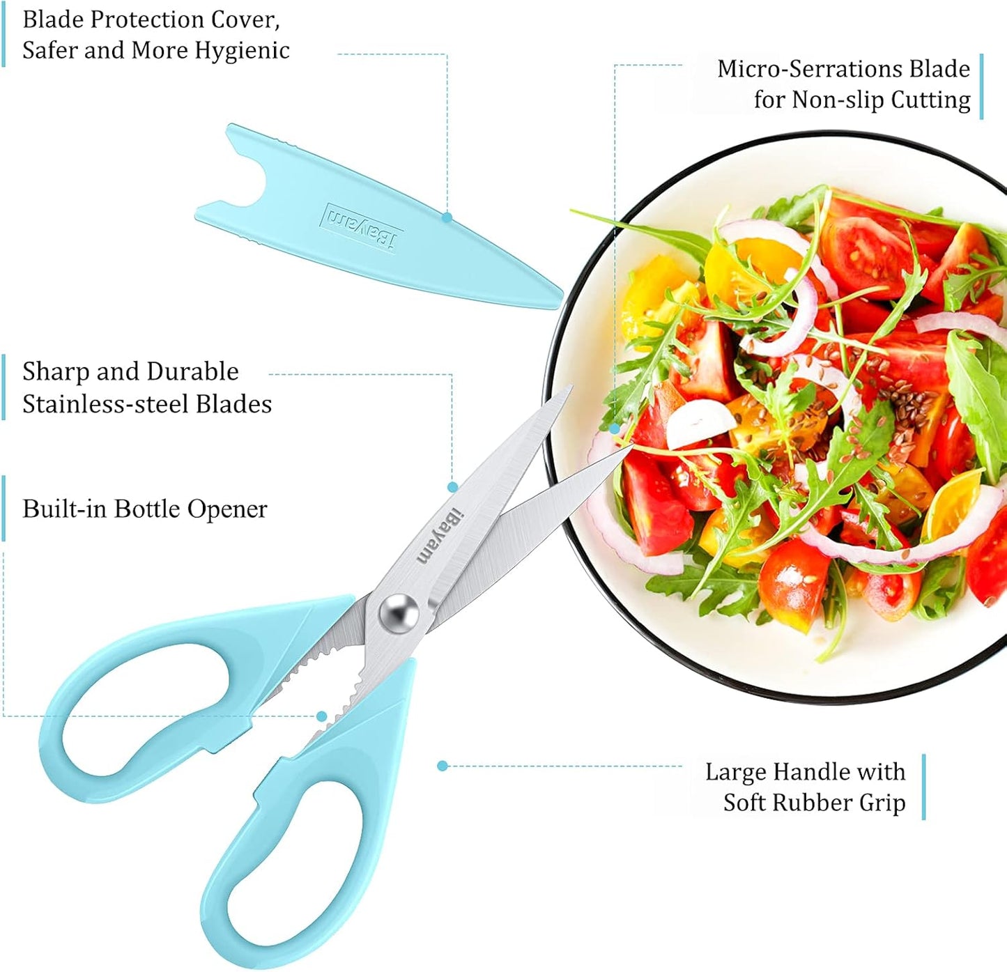 iBayam Kitchen Scissors Shears All Purpose Heavy Duty, Protective Sheath | 2-Pack, Ultra-Sharp Stainless Blades, Soft Comfort-Grip, Dishwasher Safe, Cutting Food Cooking Meat Poultry Kitchen Utensils