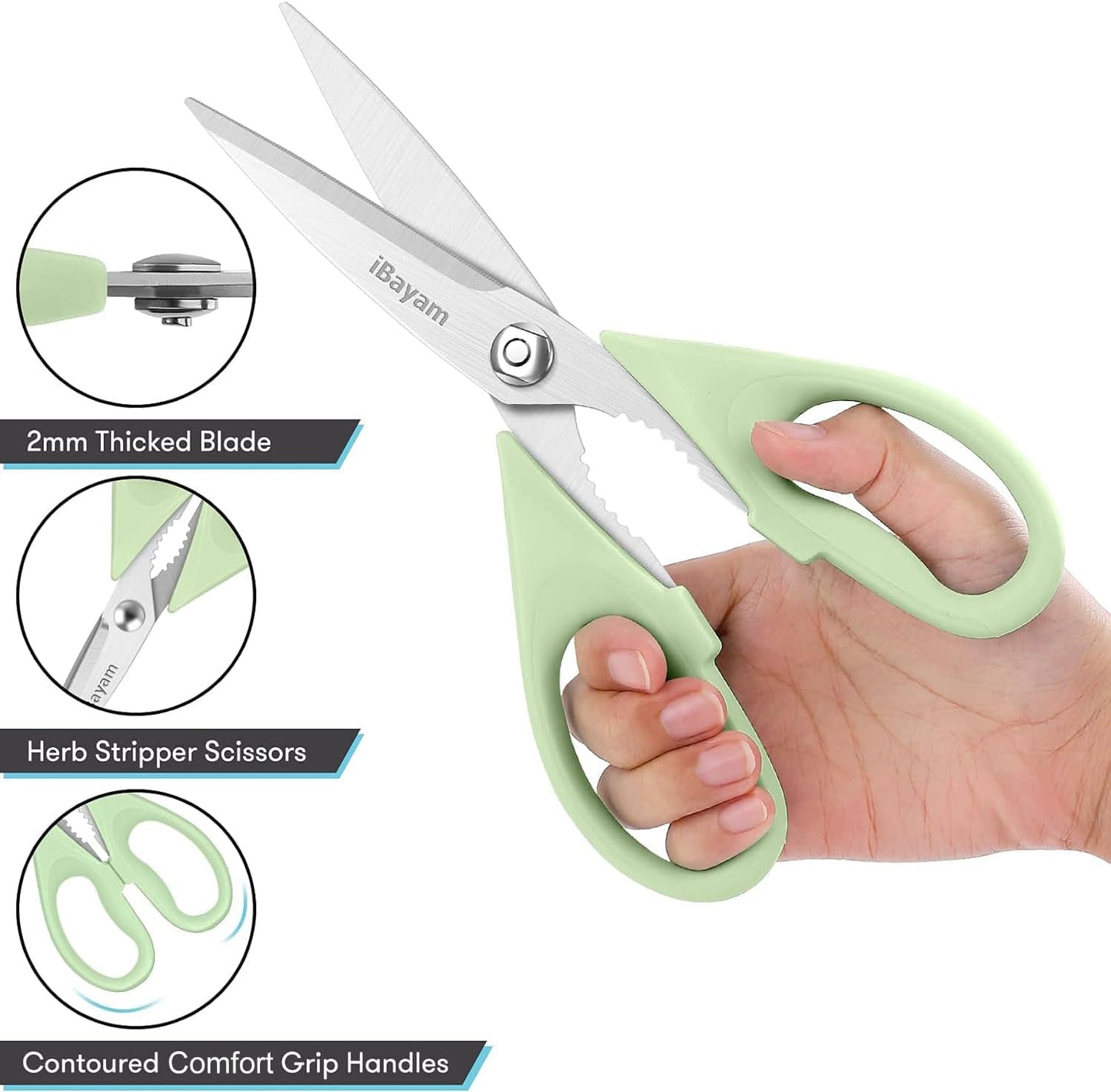 iBayam Kitchen Scissors Shears All Purpose Heavy Duty, Protective Sheath | 2-Pack, Ultra-Sharp Stainless Blades, Soft Comfort-Grip, Dishwasher Safe, Cutting Food Cooking Meat Poultry Kitchen Utensils