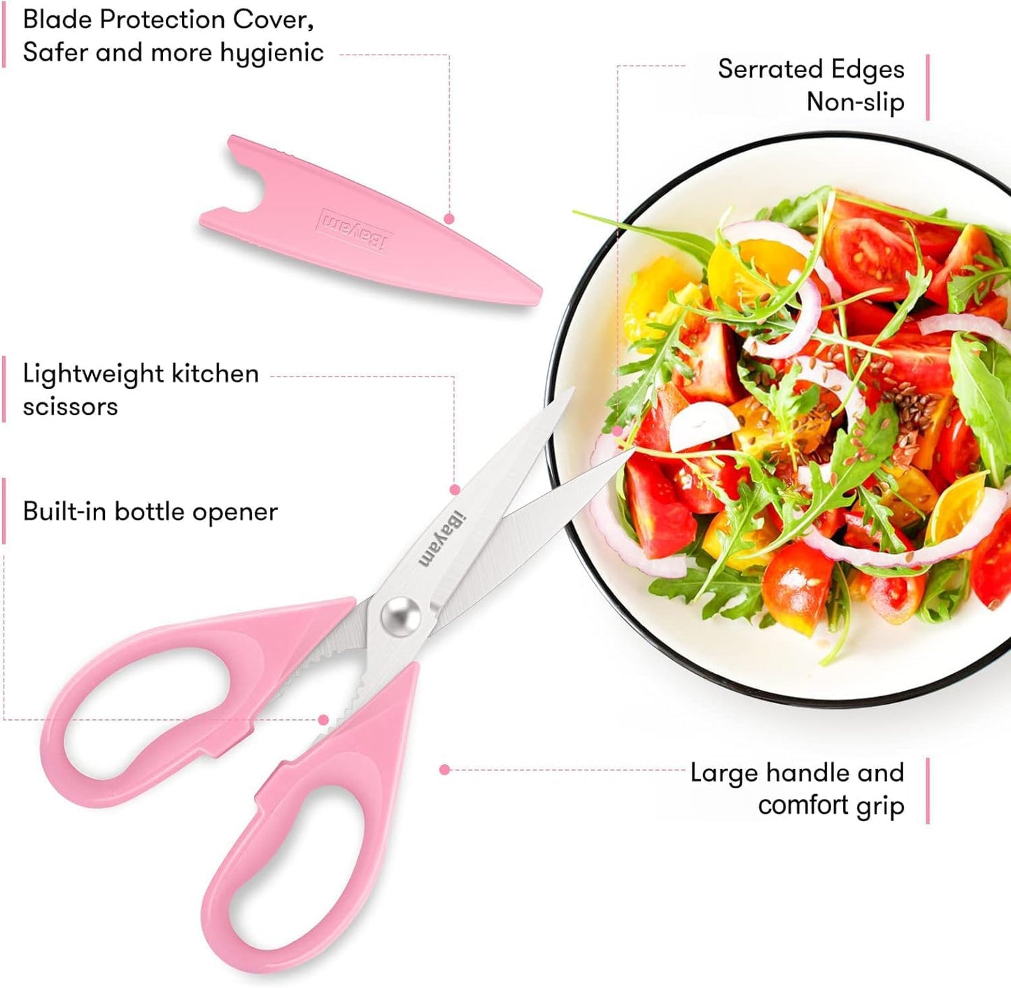 iBayam Kitchen Scissors Shears All Purpose Heavy Duty, Protective Sheath | 2-Pack, Ultra-Sharp Stainless Blades, Soft Comfort-Grip, Dishwasher Safe, Cutting Food Cooking Meat Poultry Kitchen Utensils