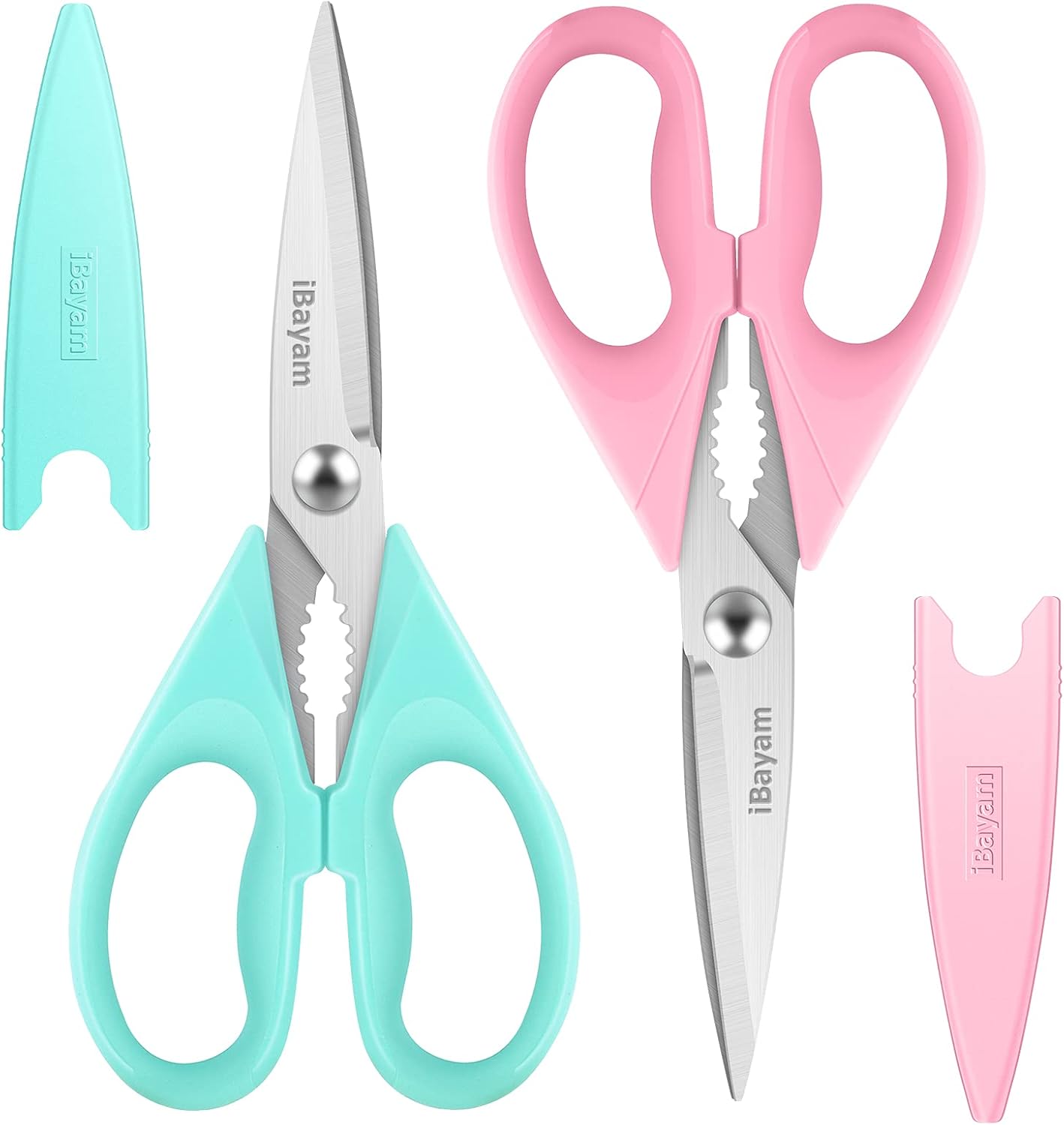 iBayam Kitchen Scissors Shears All Purpose Heavy Duty, Protective Sheath | 2-Pack, Ultra-Sharp Stainless Blades, Soft Comfort-Grip, Dishwasher Safe, Cutting Food Cooking Meat Poultry Kitchen Utensils