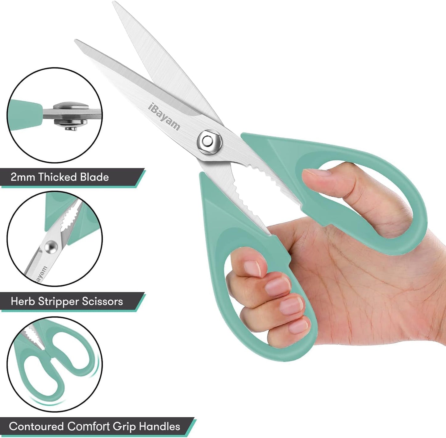 iBayam Kitchen Scissors Shears All Purpose Heavy Duty, Protective Sheath | 2-Pack, Ultra-Sharp Stainless Blades, Soft Comfort-Grip, Dishwasher Safe, Cutting Food Cooking Meat Poultry Kitchen Utensils