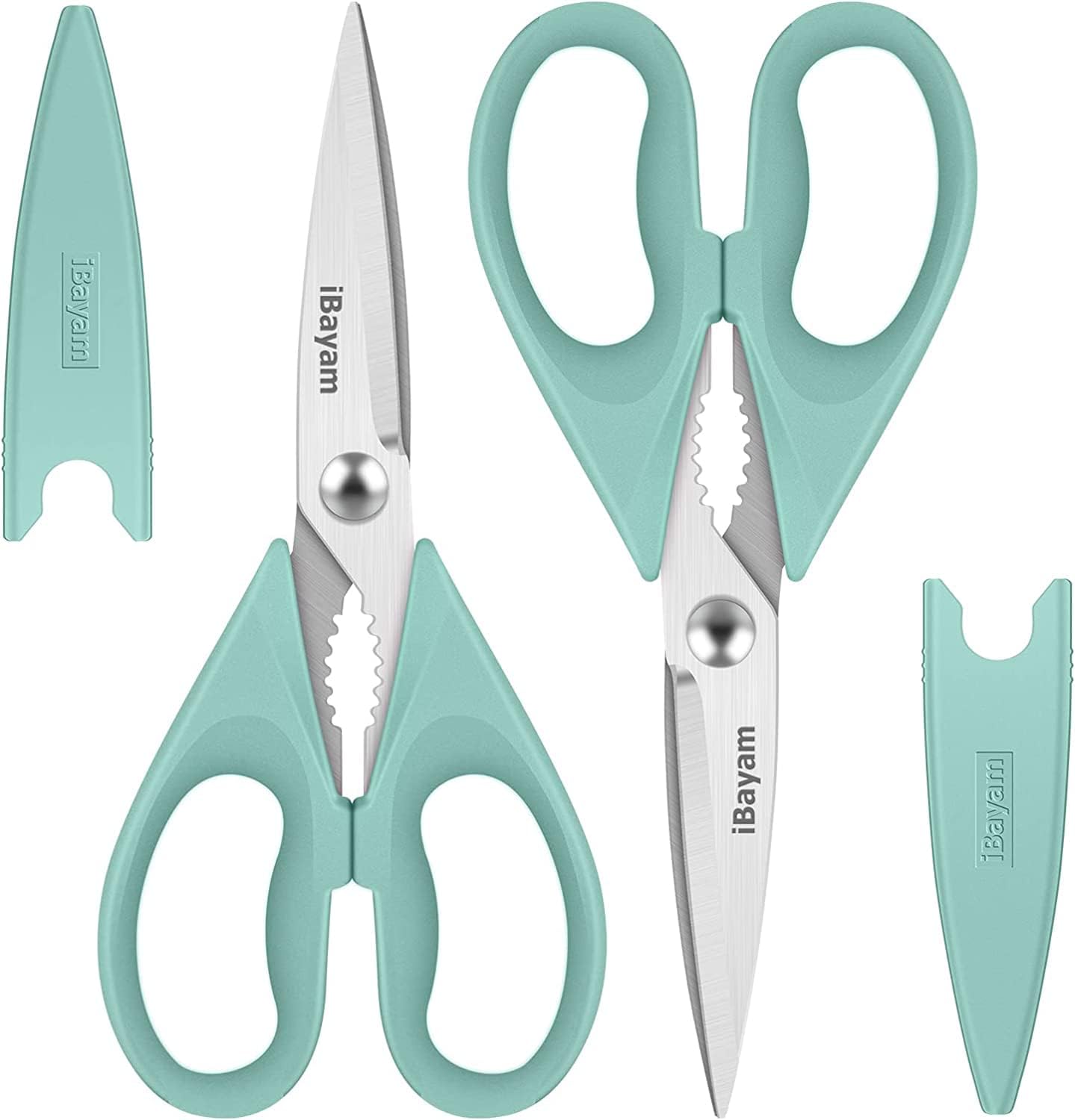 iBayam Kitchen Scissors Shears All Purpose Heavy Duty, Protective Sheath | 2-Pack, Ultra-Sharp Stainless Blades, Soft Comfort-Grip, Dishwasher Safe, Cutting Food Cooking Meat Poultry Kitchen Utensils