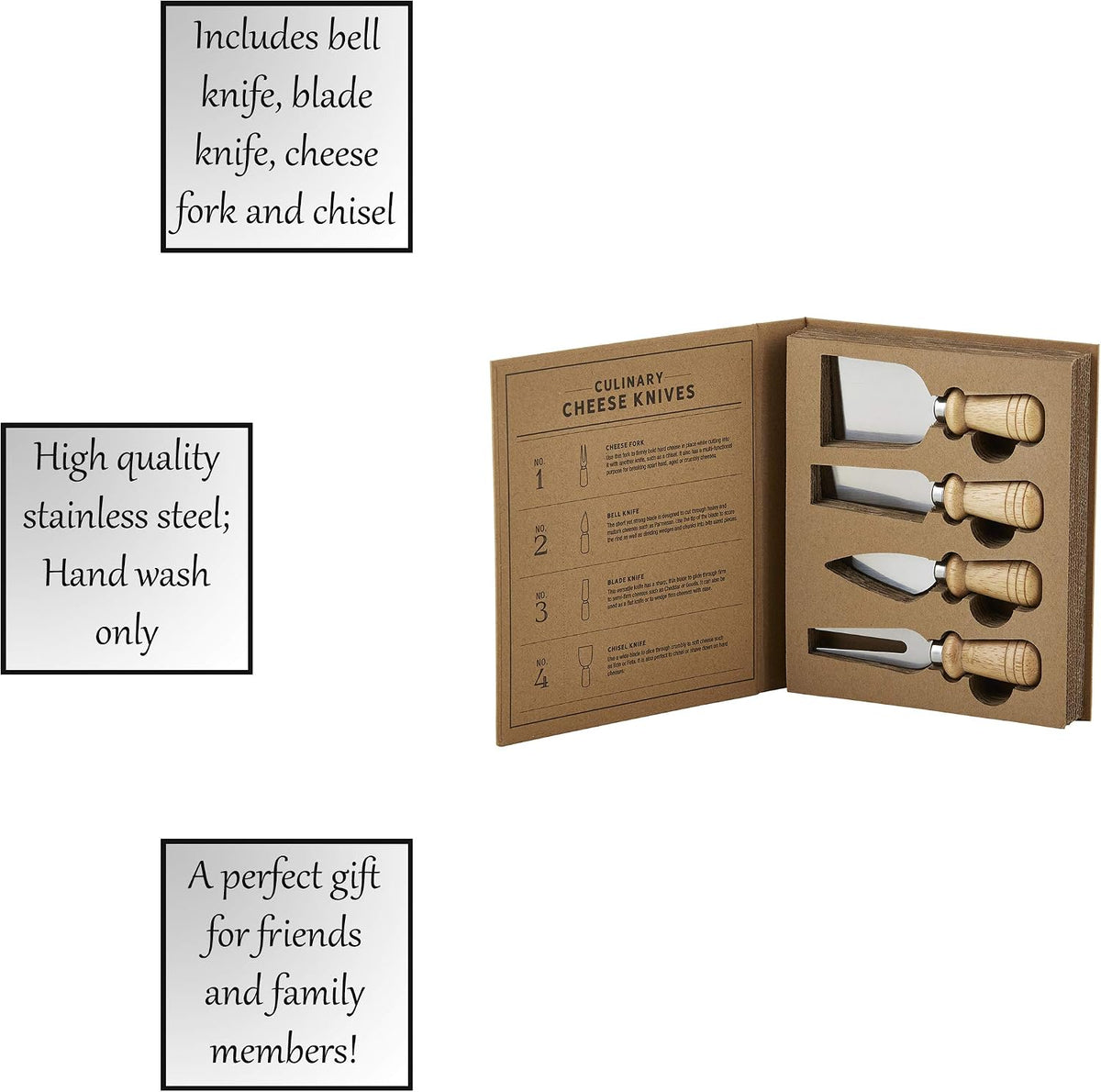 Gift Set Kitchen Essentials TableSugar Kraft Cardboard Book Gift Box, 4-Pieces, Cheese Knives