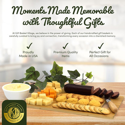 Charcuterie Board Gift Set – Bamboo Cutting Board, Three-Pepper Crackers, Italian Sausage, Wisconsin Cheese, Cheese Spread, and Knife – Wedding or Housewarming Gift
