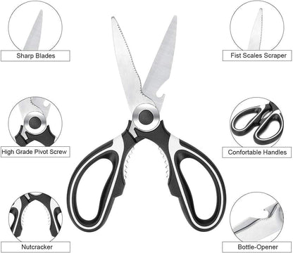 Kitchen Shears Multi Purpose Strong Stainless Steel Kitchen Utility Scissors with Cover Poulry,Fish, Meat, Vegetables Herbs, Bones, Dishwasher Safe (Black)
