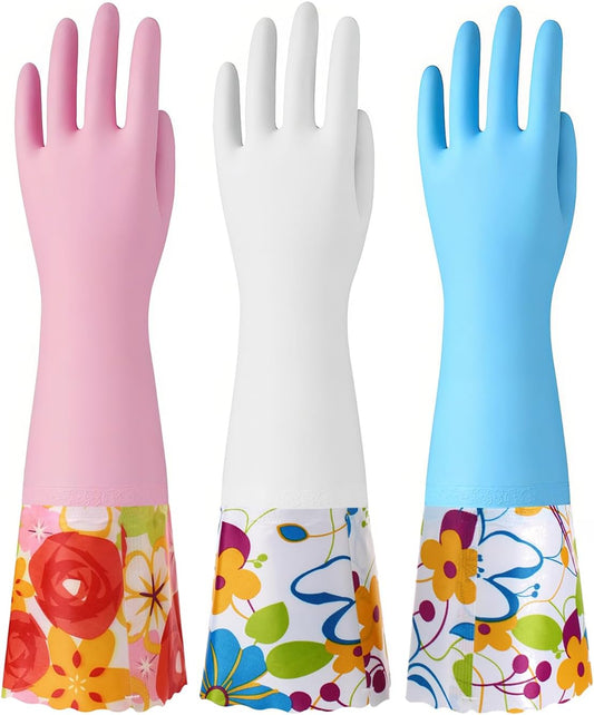 16-Inch Latex-Free Cleaning Gloves, Cotton Flocked Liner, Medium | Reusable Dishwashing Gloves with Long Cuffs and a Non-Slip Grip, in Pink and Yellow