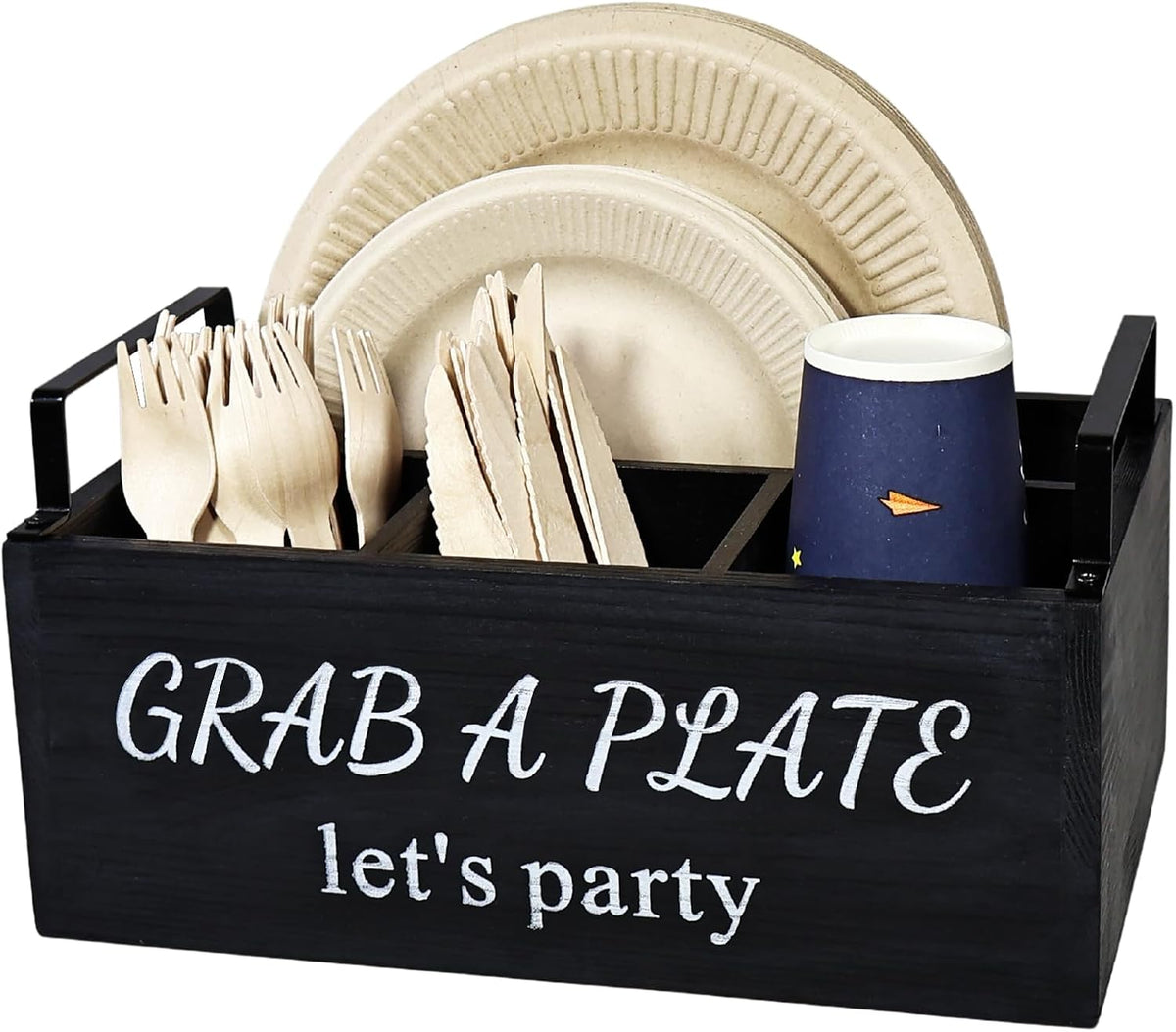 Paper Plate Holder, Utensil Caddy Organizer, Wood Paper Plate Dispenser, Silverware Caddy Holder, and Disposable Coffee Bar Accessories Box for Kitchen Counter, Party, Camping, Picnic (6 compartment)